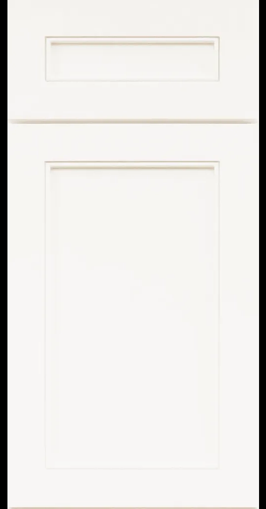 Alpine-style mitered shaker cabinet in Frost White with a flat center panel and inside bead detail.